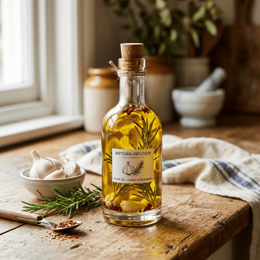 Bottle of olive oil infused with garlic cloves, rosemary sprigs, and chili flakes on a wooden surface