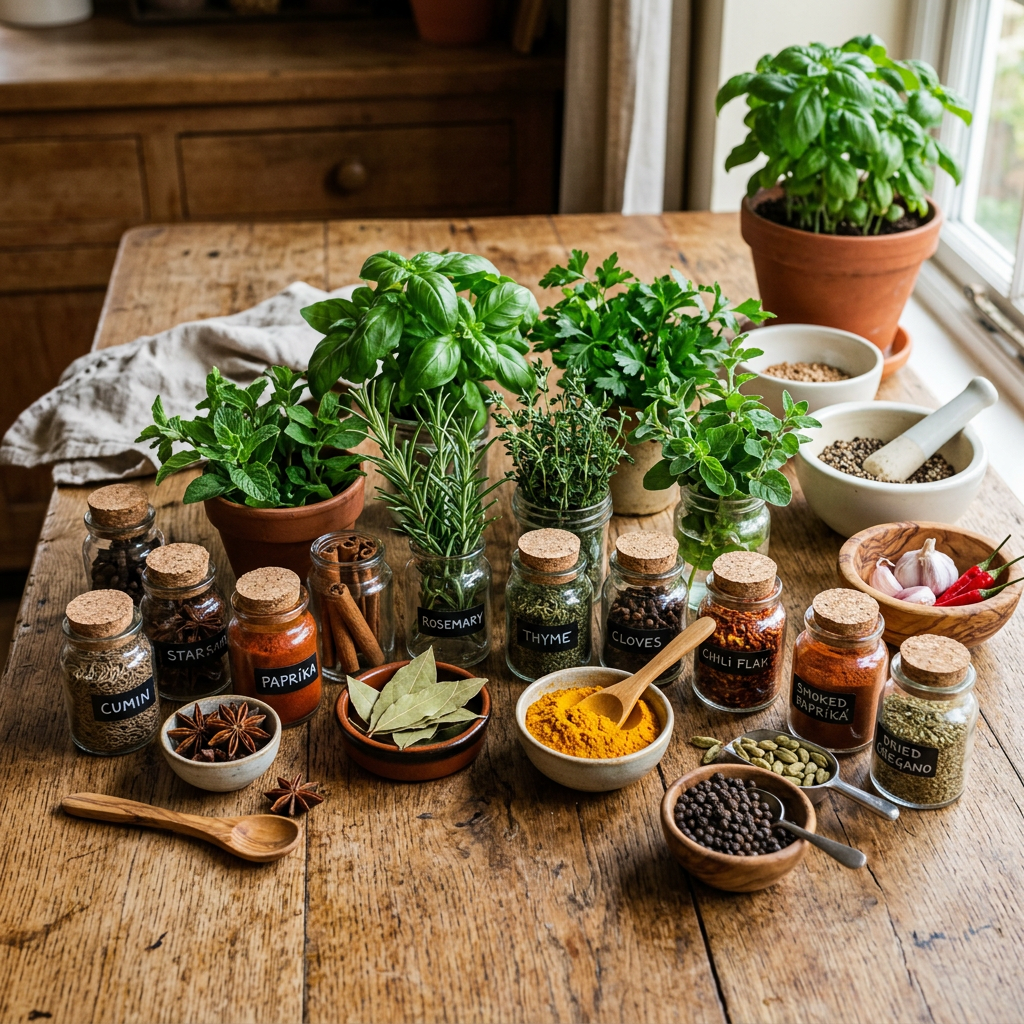 Fresh potted herbs and various labeled jars of dried spices arranged on a wooden table